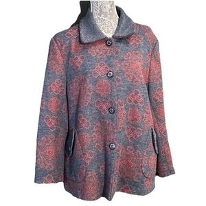 Women's Wool Blend Red on Navy Jacquard Chinese Knot Pattern Button Front Coat M